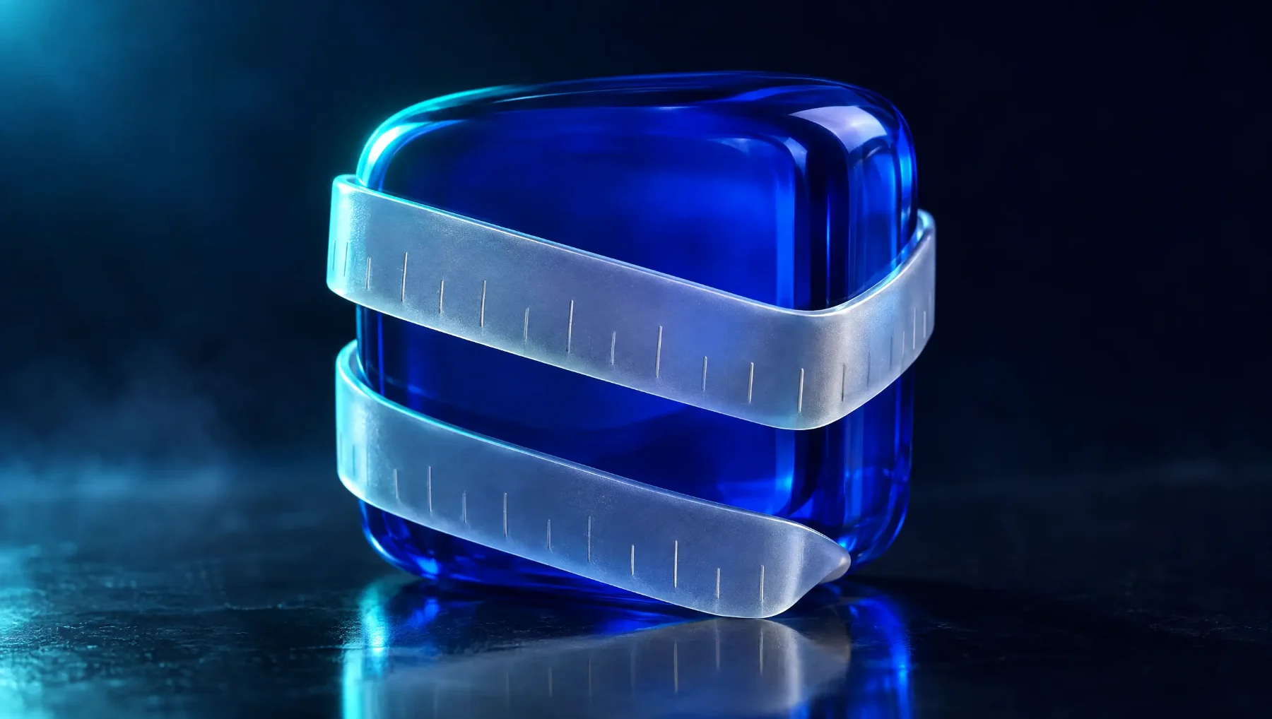 A glass measuring tape wraps around a blue block