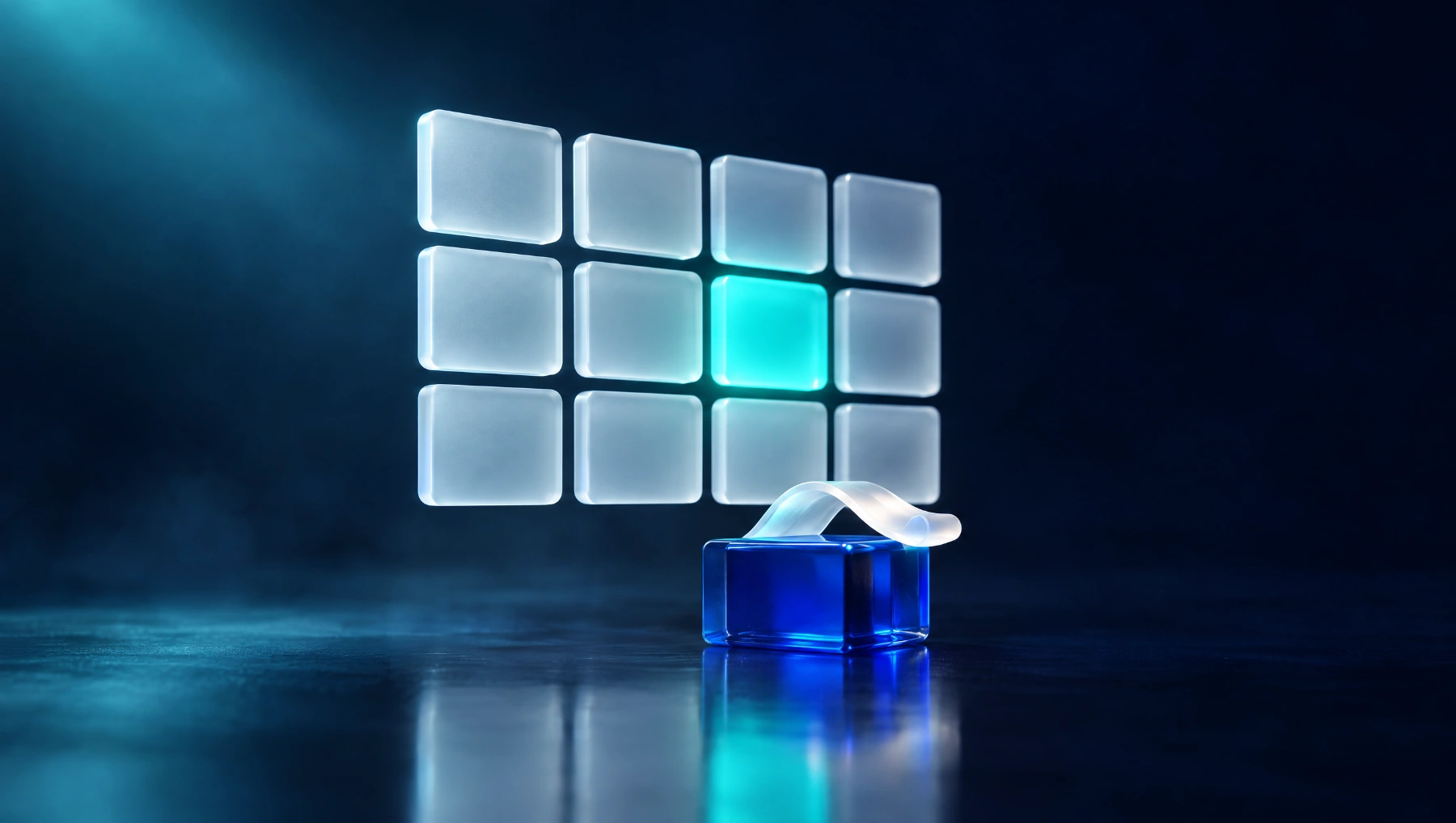 A glass calendar with one day lit in turquoise in front of the blue block