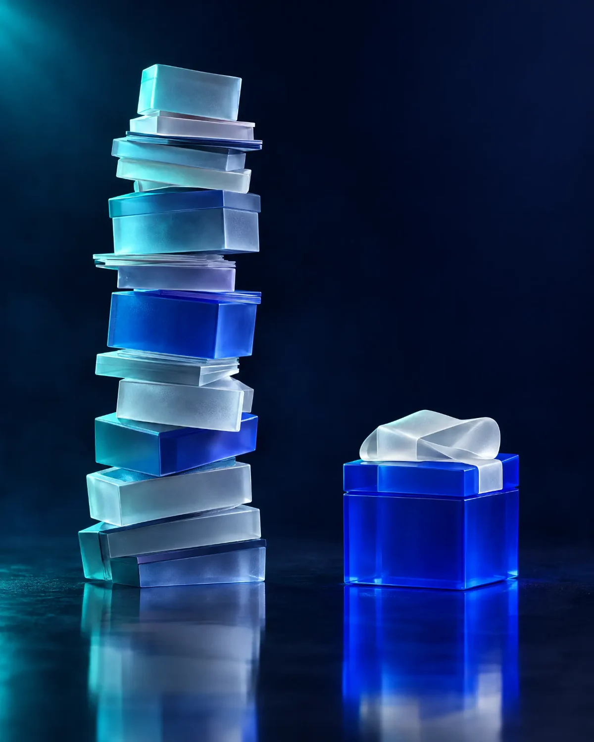 A messy stack of glass sheets next to a neat blue block with the ribbon