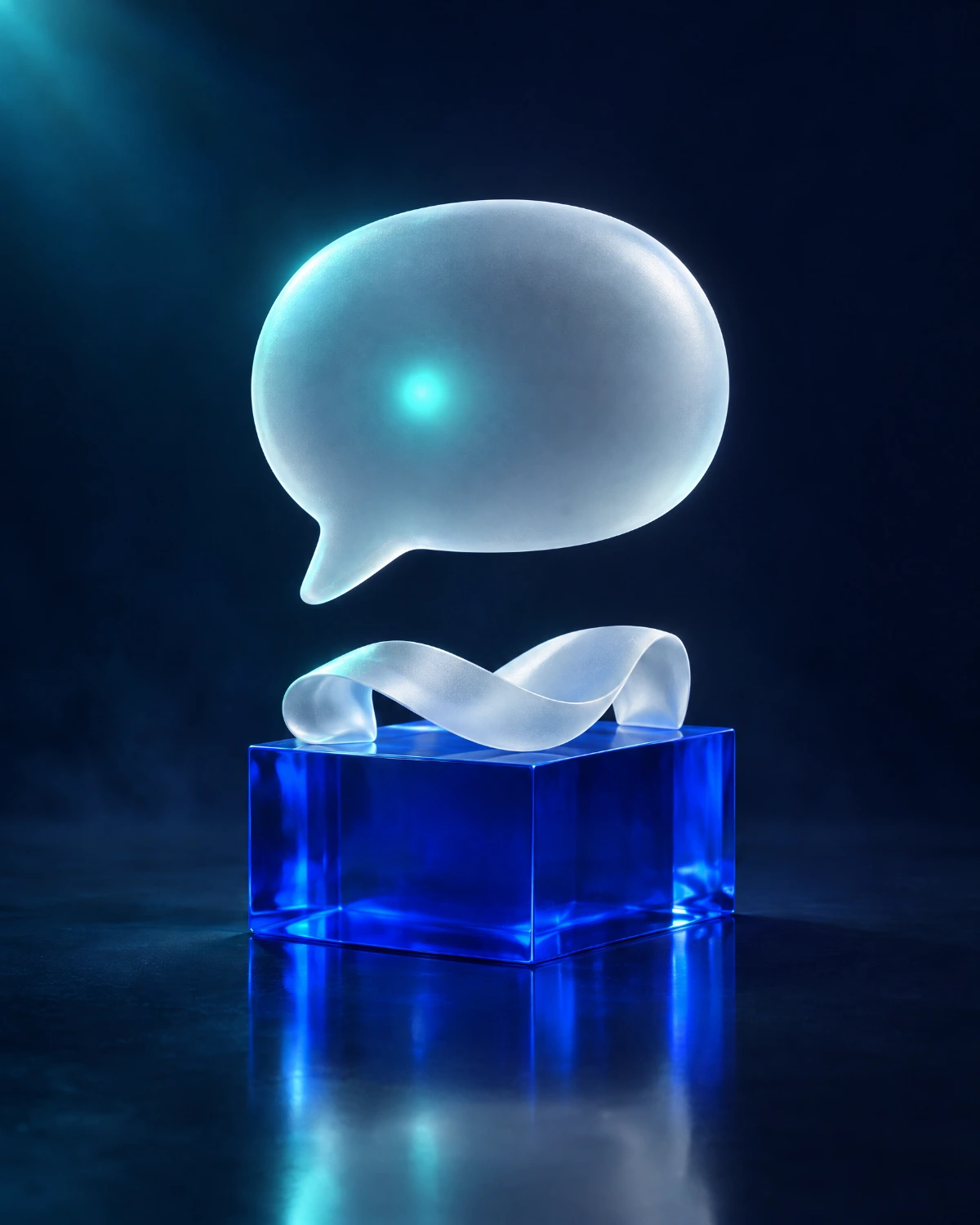 A glass speech bubble on the blue block