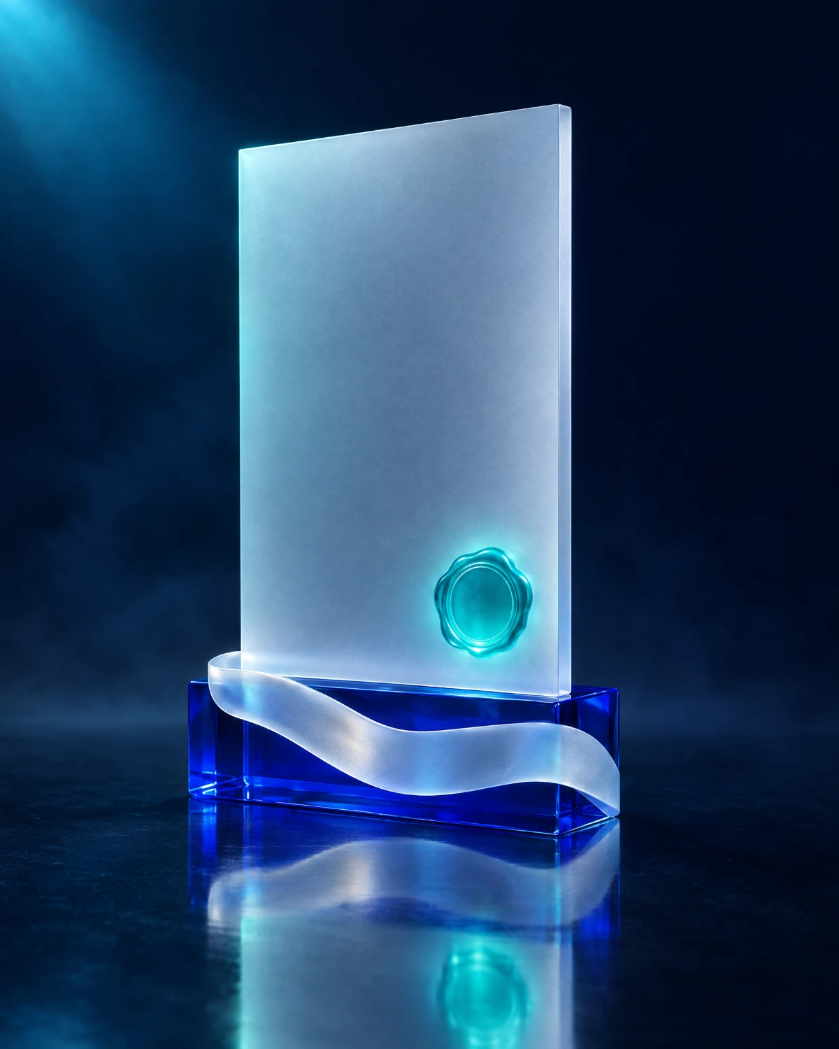 A glass sheet with a turquoise seal on the blue block