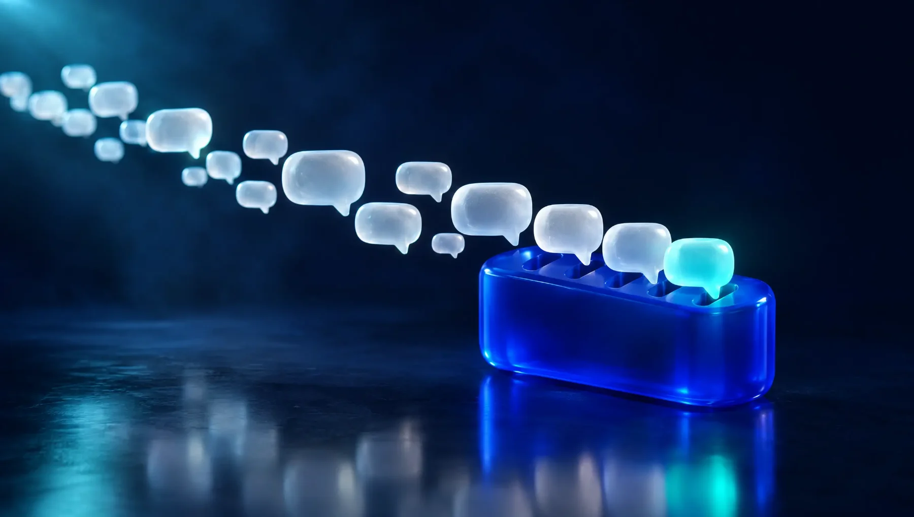 Chat bubbles arriving and fitting into the blue block