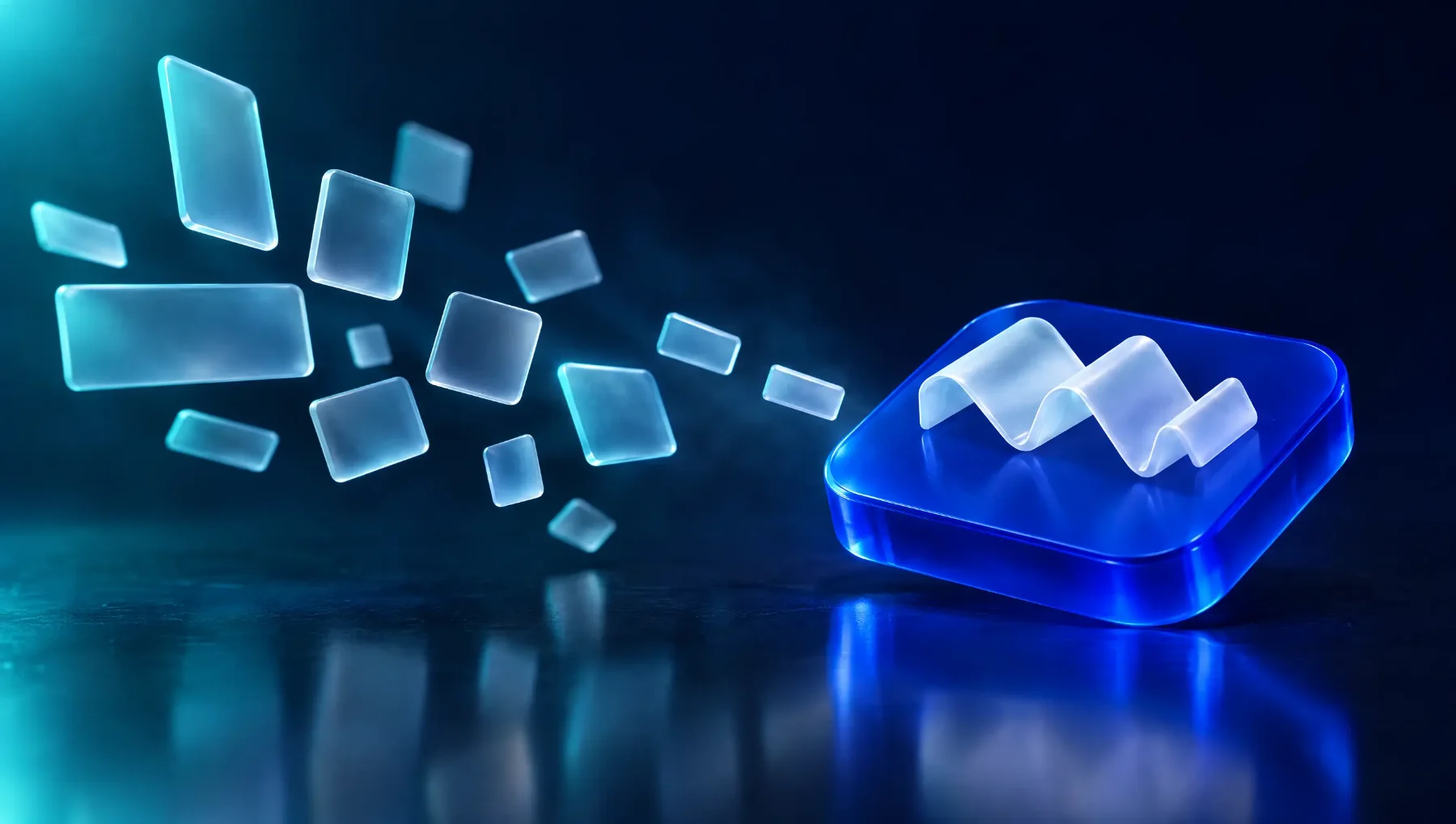Twelve glass shards converging into a single blue block with the Stackdinary ribbon