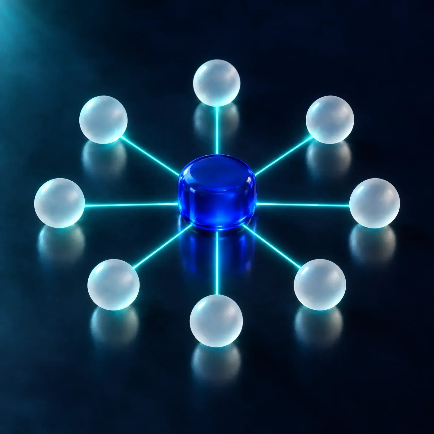 A blue block in the center connected by light to eight glass spheres