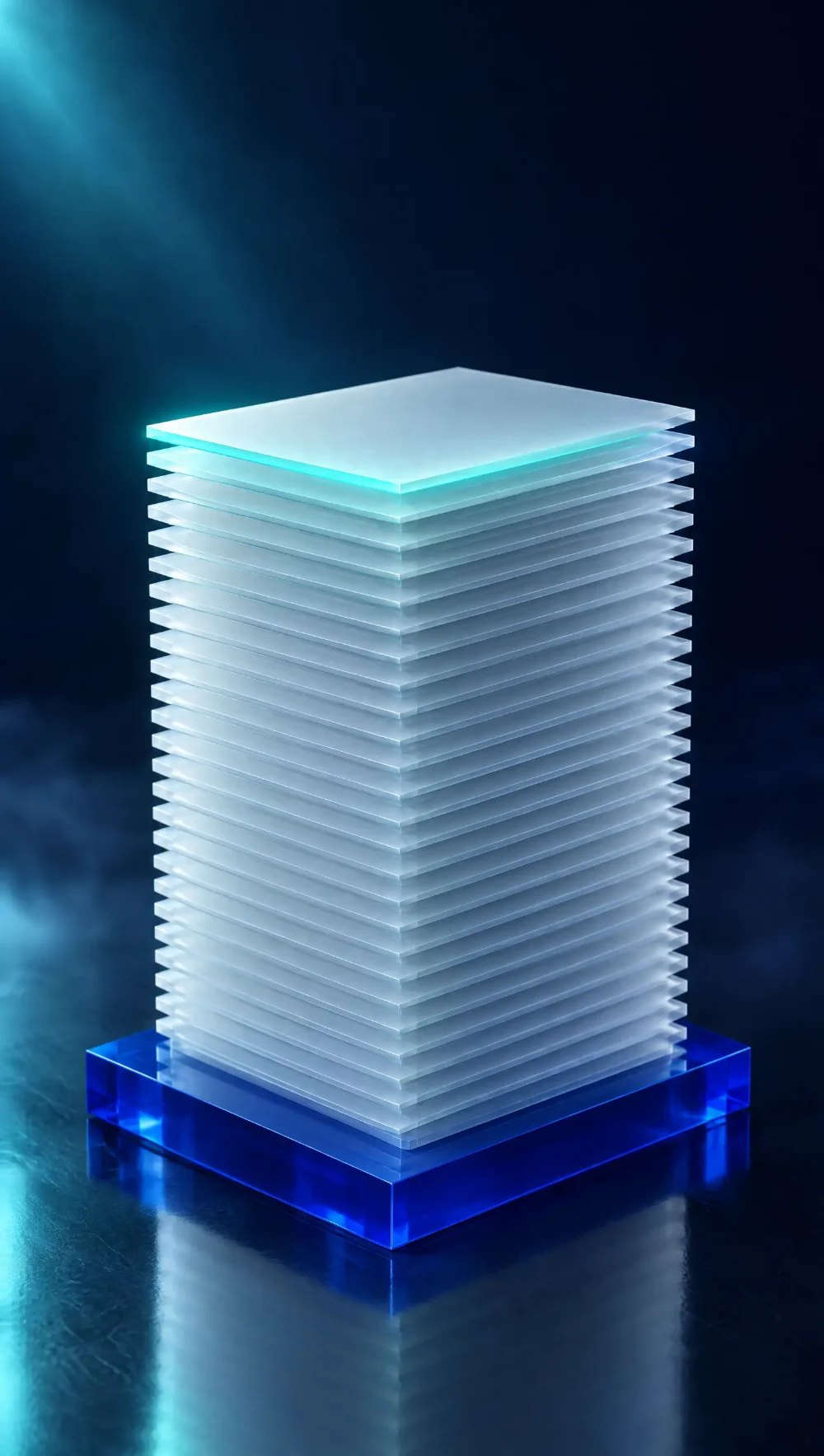 A stack of aligned glass sheets on a blue plate