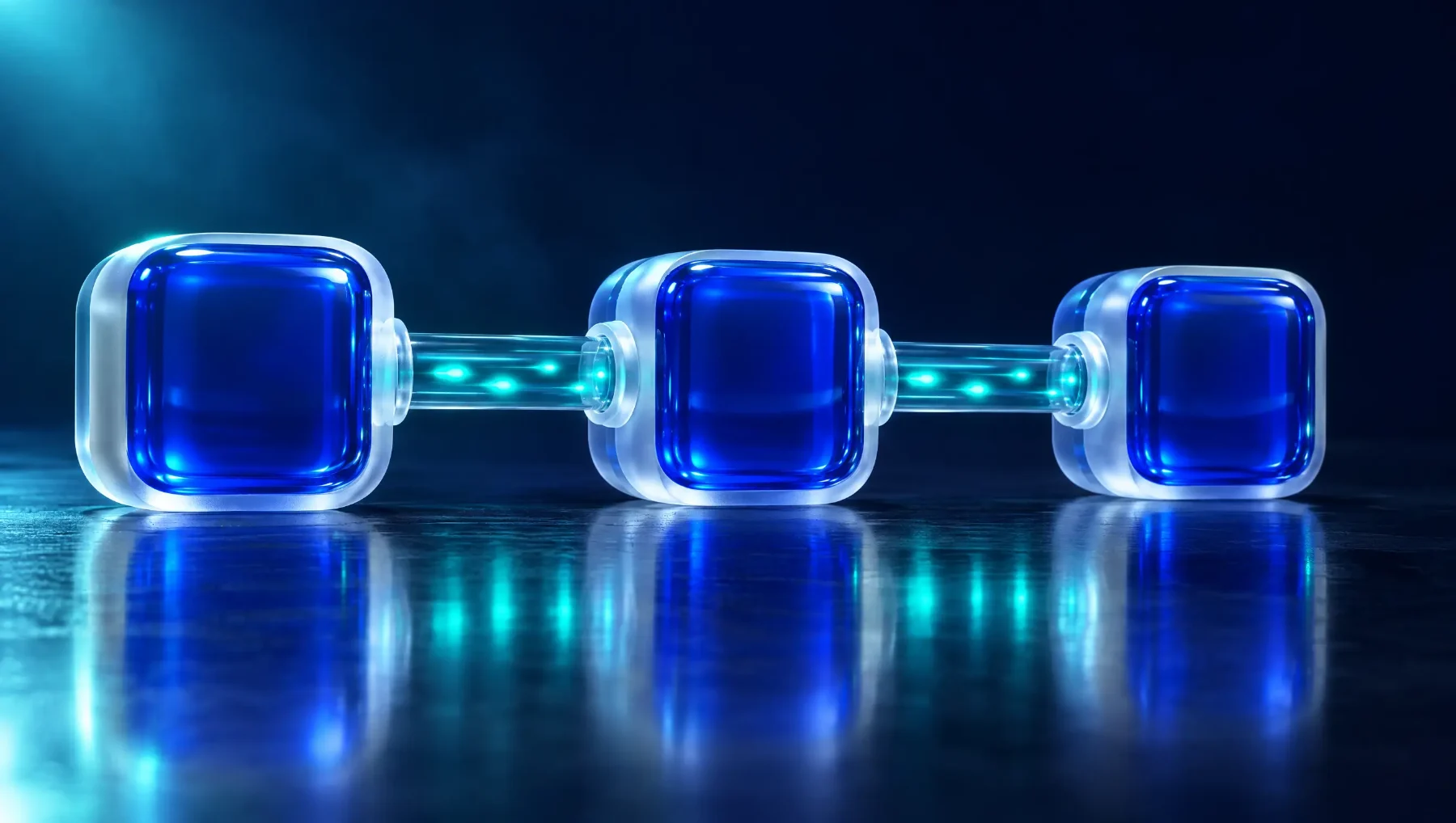 Three blue glass blocks joined by tubes with pulses of turquoise light