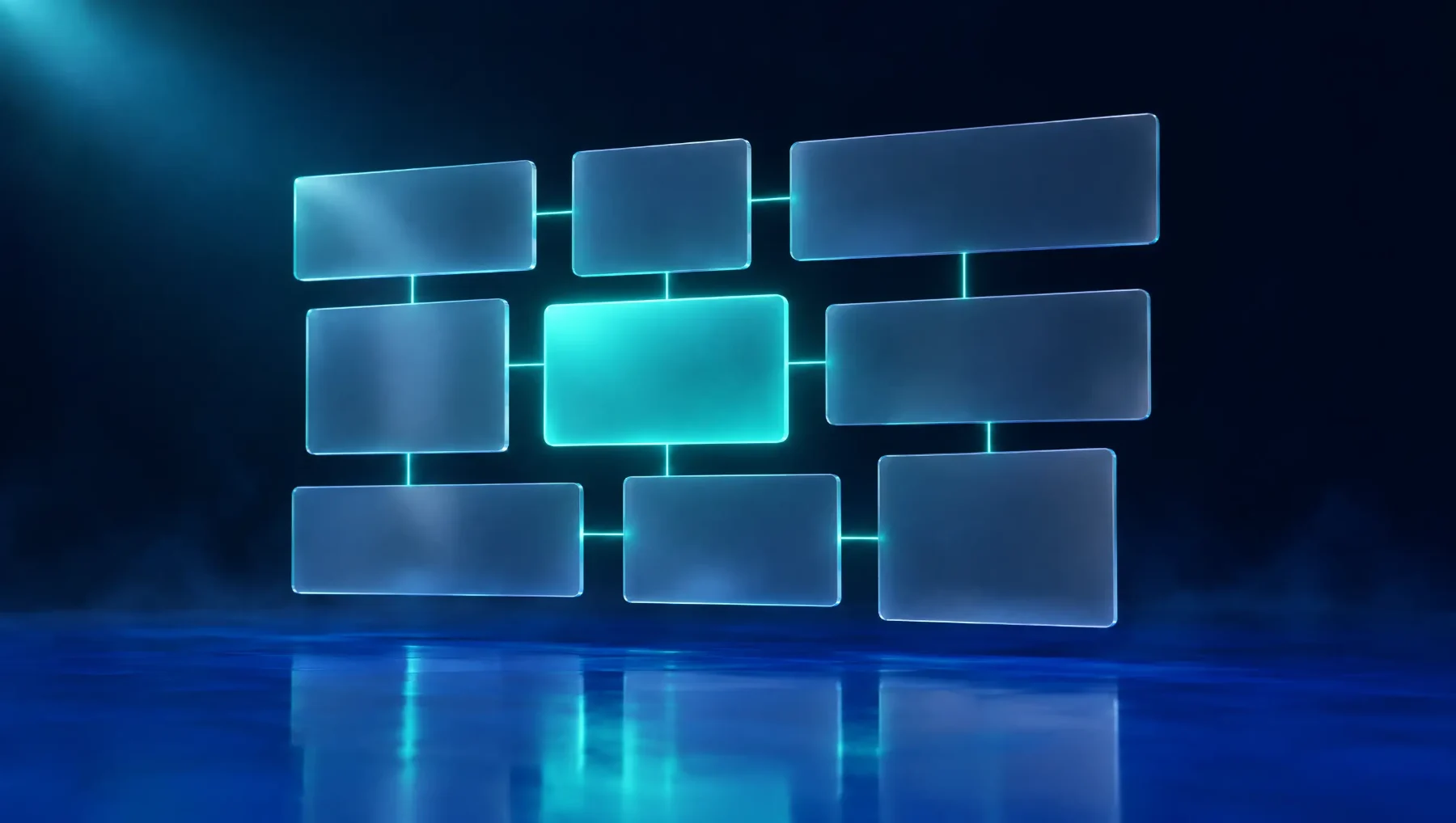 A board of glass cards with one lit up in turquoise